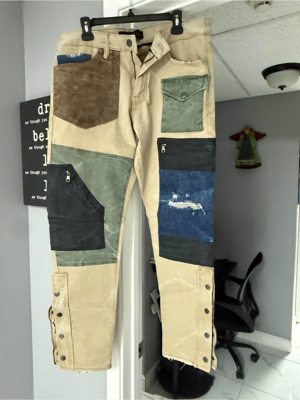 Jordan  Craig Beige Cargo Pants with Green, Blue & Black Patchwork